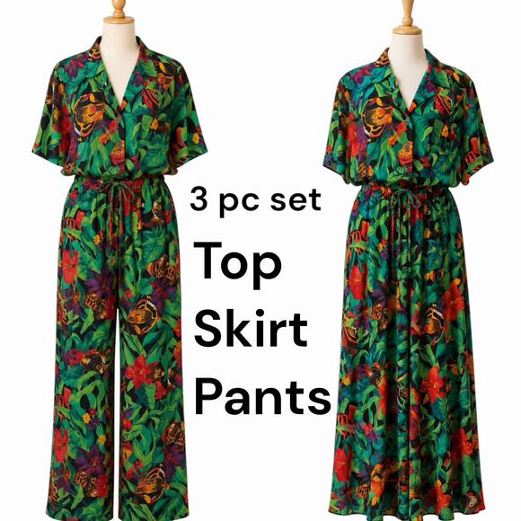 Carole Little Jackets & Blazers - Vintage 90s Carol Little 3 Piece Tropical Rayon Set Top Skirt Pants USA Size 10
